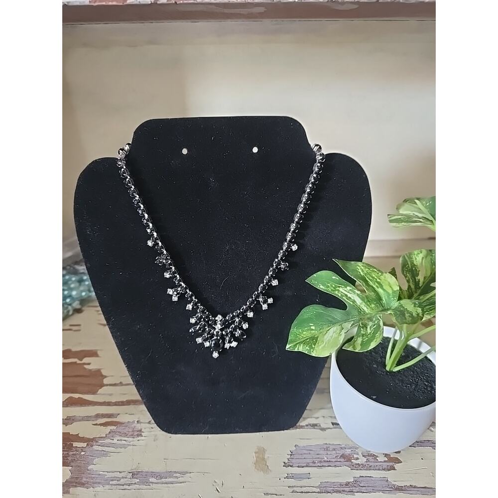 VTG Maximalist Statement Necklace Jet Black Clear Rhinestone Fringe Bib Choker